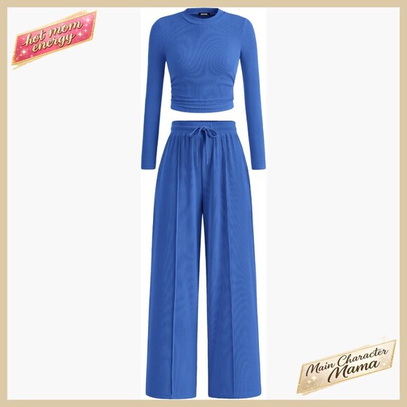 Ribbed Knit Lounge Set Long Sleeve Crop Top Wide Leg Pants Matching Outfit